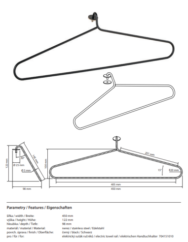 Šildomas rankšluosčių džiovintuvas 1180 mm, stovas, 30 W, nerūdijantis plienas, juodas - 4